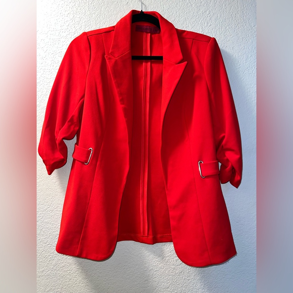 Scarlett Red Blazer with Ruched Sleeves and Open Front